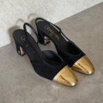 Chanel Black CC Metal Cap Toe Slingback Heels