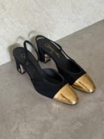Chanel Black CC Metal Cap Toe Slingback Heels