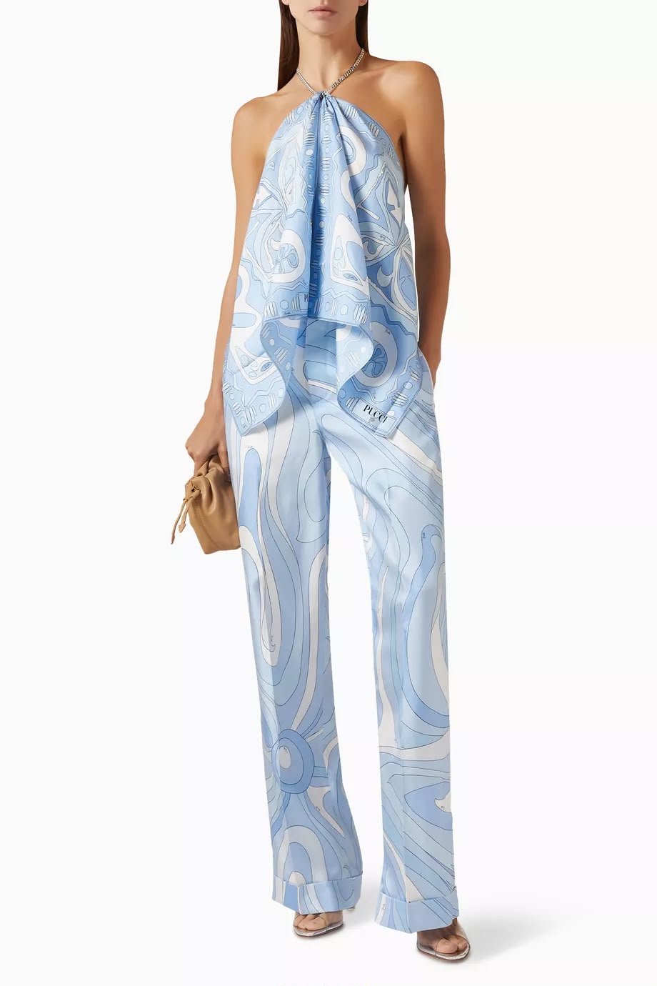 WhatsApp Image 2026-07-18 at 19.15.55 (2) Pucci Angola-print halter top in silk twill with a light-blue swirl design and chain straps - Image 1