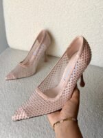Jimmy Choo Lxia 95 pumps in a blush pink mesh with crystal embellishments & a sculpted heel