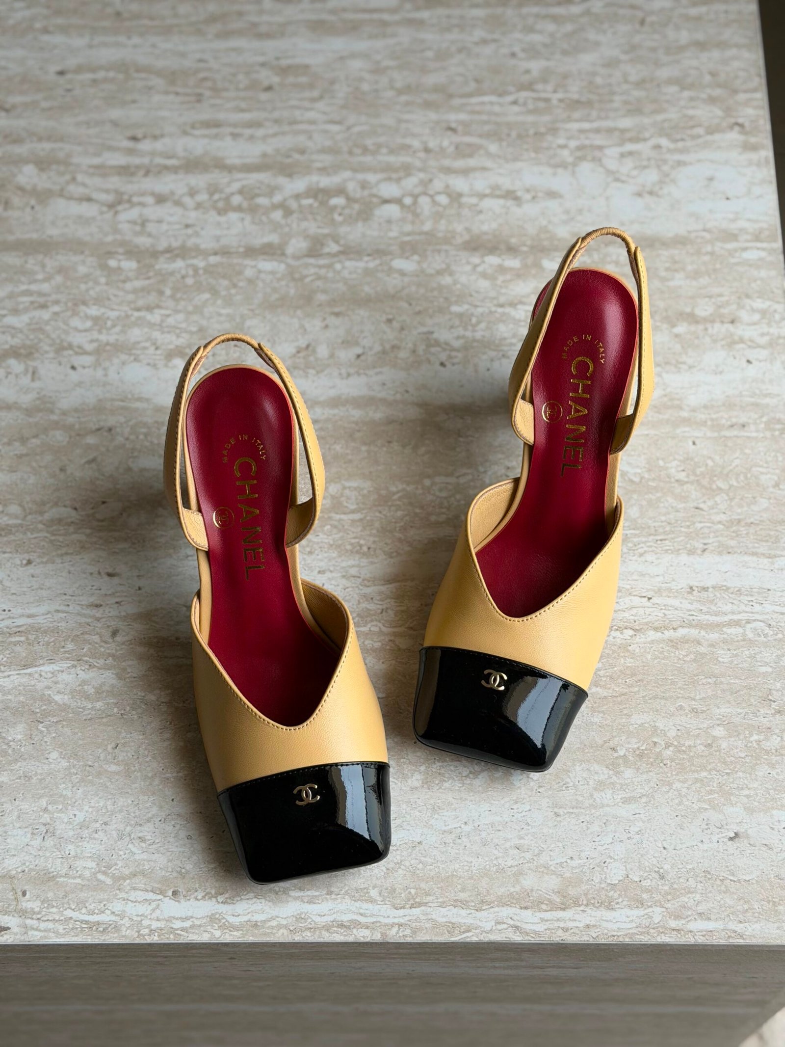 WhatsApp Image 2026-08-12 at 18.14.14 Chanel Slingback Block Heels "Beige lambskin & Black patent" - Image 1