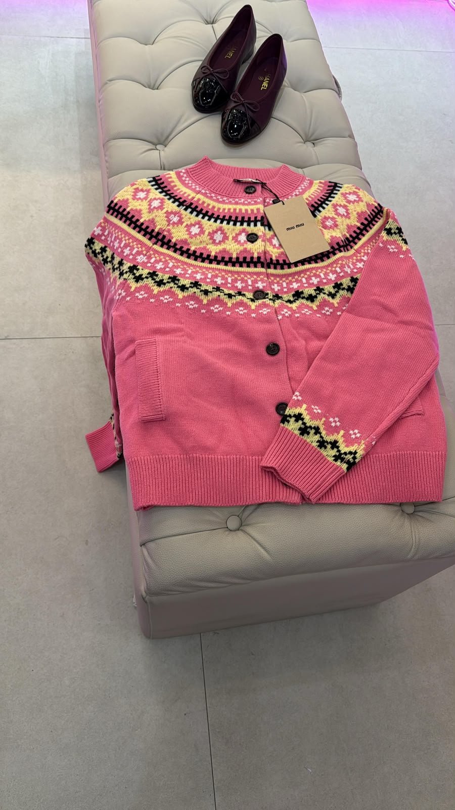 WhatsApp Image 2026-08-04 at 23.06.02 (1) Miu Miu pink wool jacquard cardigan vibrant yellow & black fair isle pattern along the neckline & cuffs - Image 1