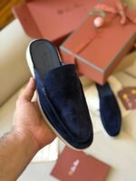 Loro Piana Navy-Blue suede babouche walk mules - Image 3