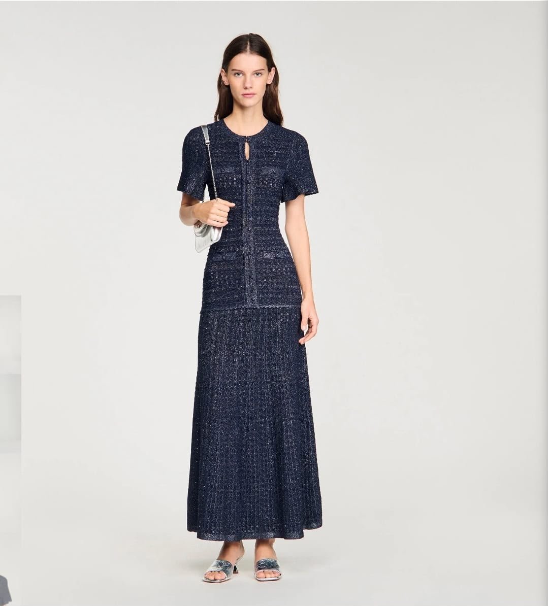 WhatsApp Image 2026-08-23 at 21.07.15 (1) Sandro Rhinestone knit maxi dress in a shimmering navy blue textured knit - Image 1