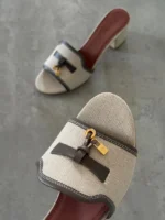 loro Piana Fabric and Leather Block Heel - Image 5