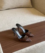 Saint Laurent Leopard Print Satin Pointed-Toe Mules with YSL Monogram Detail - Image 2