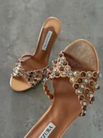 Aquazzura Crystal-Embellished Metallic Leather Mules - Image 4