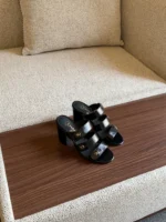 Chanel Patent Leather Multi-Strap Block Heel Sandals with CC Button - Image 2