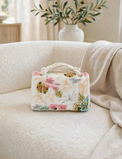 CHANEL Floral Embroidered Top Handle Flap Bag