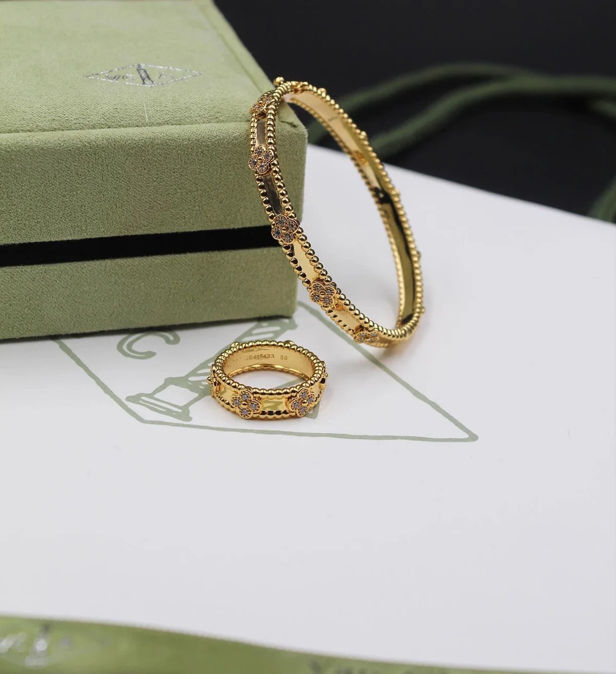PHOTO-2025-08-28-14-24-55_6 Van Cleef Beaded Clover Gold Ring and Bracelet Set - Image 1