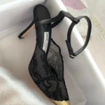 Jimmy Choo Black Lace & Mesh Slingback Pump with Gold Cap-Toe
