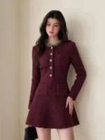Self-Portrait Burgundy Textured Knit Embellished Mini Dress - Image 3