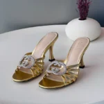 Gucci Interlocking G Crystal Buckle Metallic Leather Heeled Sandals