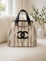CHANEL Striped Chain Detail Tote Bag - Image 3