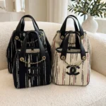 CHANEL Striped Chain Detail Tote Bag