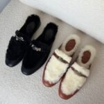 Hermès Oz Mule Étoupe Suede and Shearling Fur Palladium Kelly Buckle